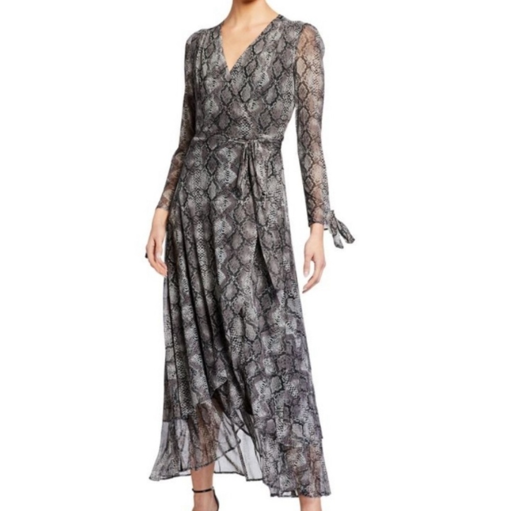 Betsey Johnson Snake Print Bow Sleeve Wrap Maxi Dress Gray Black Evening Formal